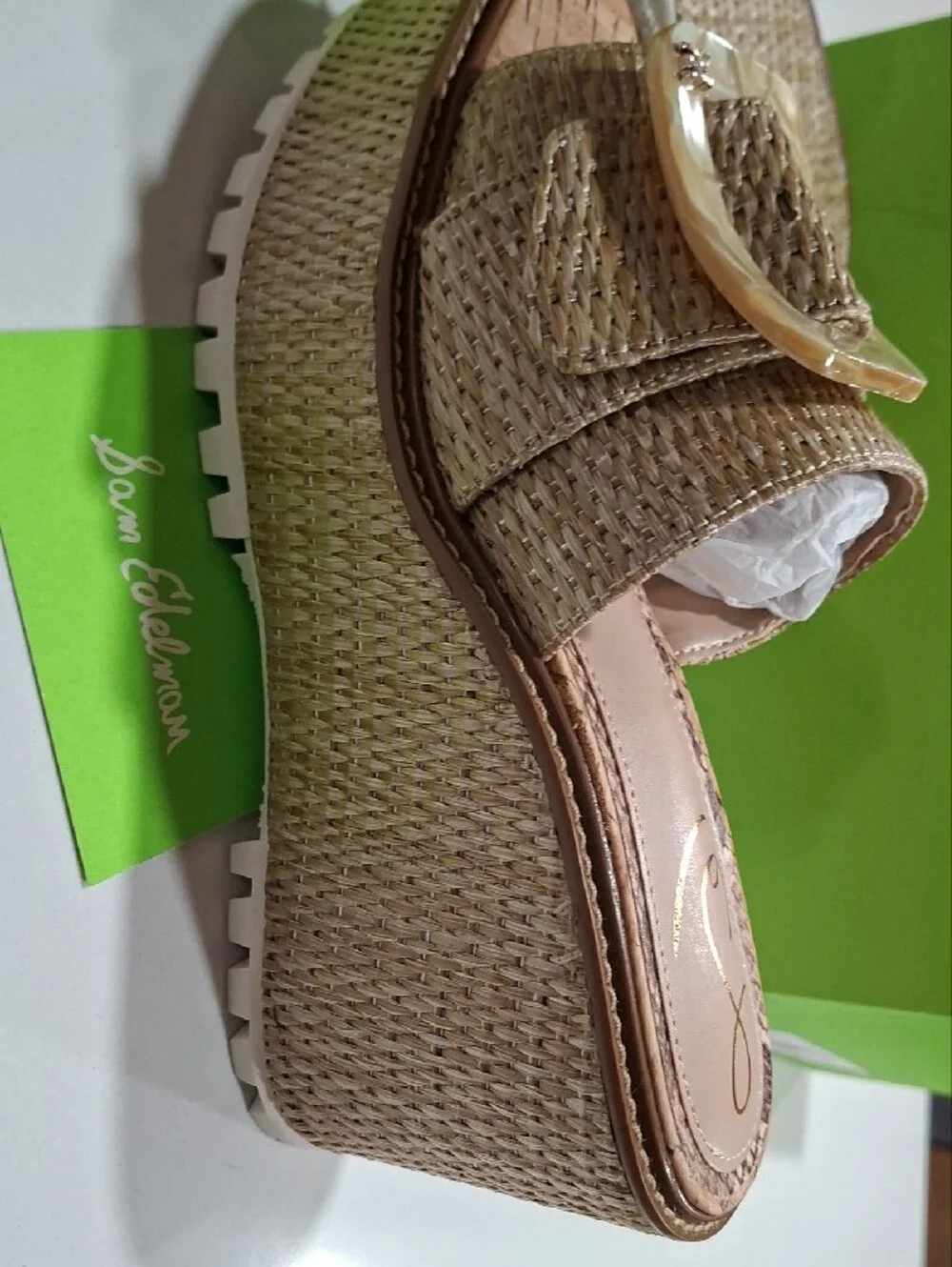 Sam Edelman Tan Woven Slide Mules with Marbled Buckle
